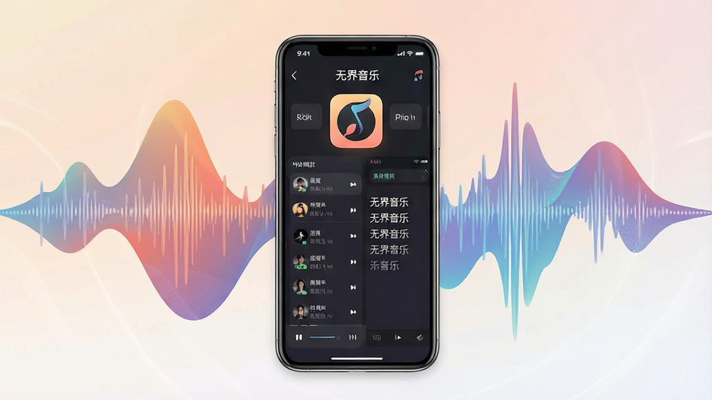 一张高清产品展示图,主体为无界音乐APP在手机上的界面效果,背景为渐变色声波流动特效,布局居中,排版干净,风格现代简约,细节显示播放列表与歌词界面,画质细腻,干净无多余元素,文字标注“无界音乐”