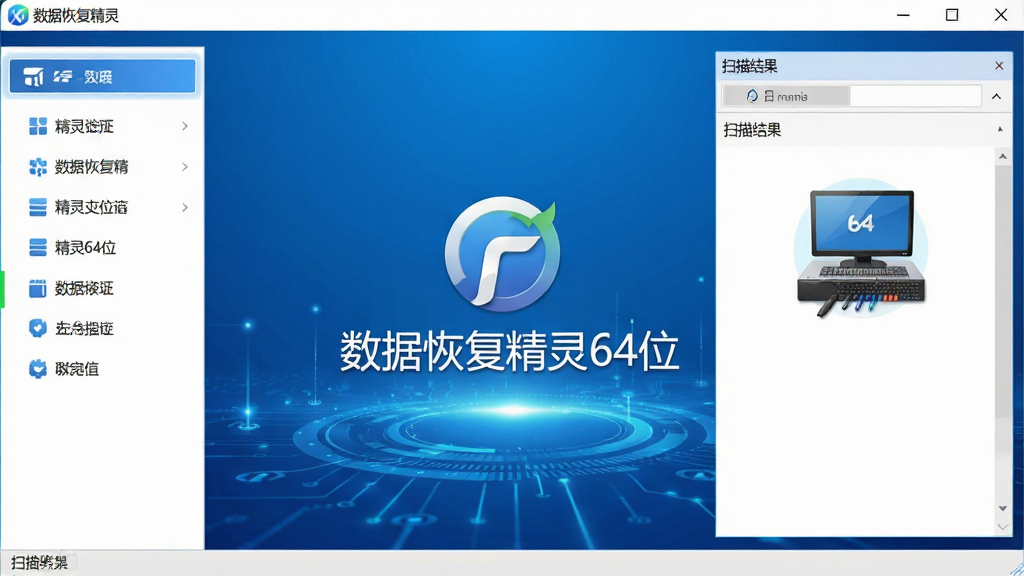 一张展示数据恢复精灵64位主界面的高清截图,画面中央为软件Logo和“数据恢复精灵64位”文字,背景为蓝色科技感渐变,界面左侧显示功能列表,右侧为扫描结果预览,整体布局清晰、干净、无多余元素,画质细腻,风格现代简洁。