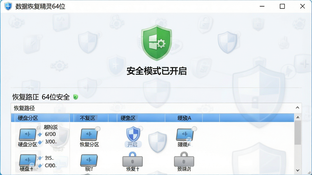 一张数据恢复精灵64位安全提示与恢复设置的界面截图,画面中央显示“安全模式已开启”绿色标识,下方为恢复路径选择,硬盘分区列表清晰,界面浅色底,配以盾牌图标,整体干净整洁,画质细腻。