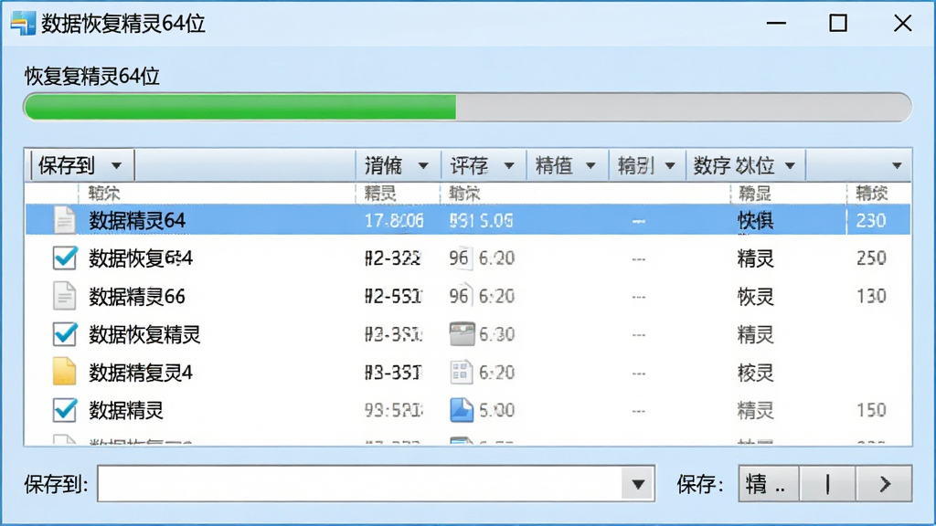 一张数据恢复精灵64位正在恢复文件的界面截图,界面显示恢复进度条,文件列表中有勾选的文件,下方有“保存到”选项框,背景为浅蓝色,软件名称“数据恢复精灵64位”显示在标题栏,画质清晰,干净无杂物。