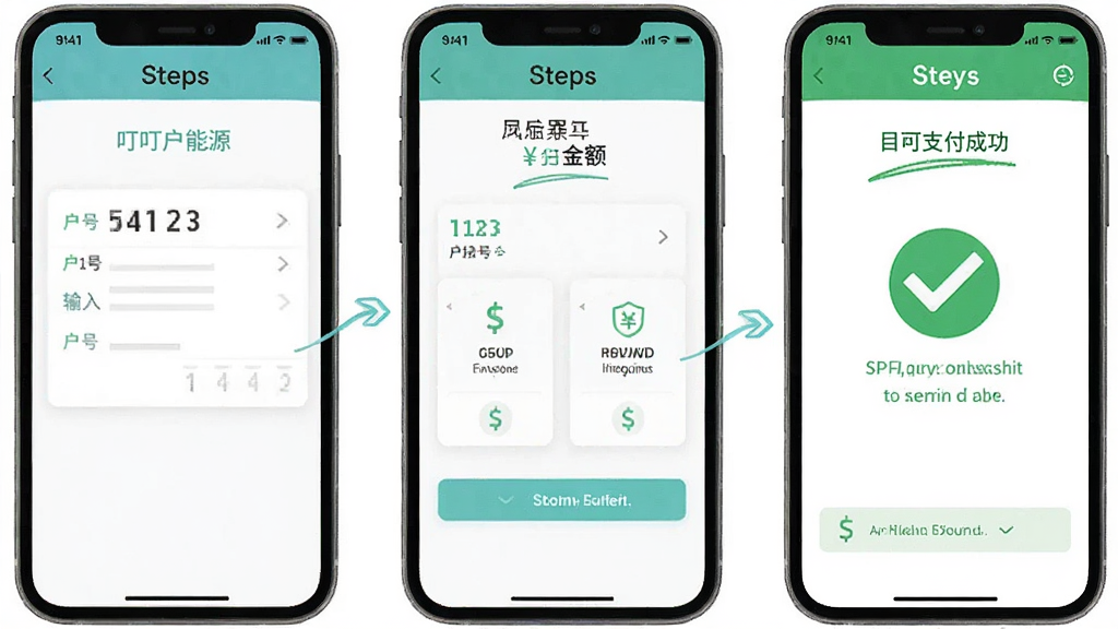 展示“叮叮能源”APP电费缴纳页面的操作流程,画面分为三个步骤,第一步输入户号,第二步显示应缴金额与支付方式选择,第三步显示支付成功并带有对勾的绿色标识,整体设计扁平化,色彩清新,步骤指引清晰,画质干净,无多余元素