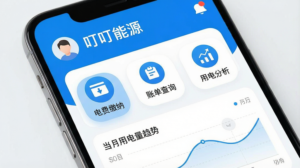 一张智能手机屏幕特写,屏幕上清晰显示“叮叮能源”APP的主界面,界面设计现代简洁,以蓝白为主色调,顶部显示用户头像与消息通知图标,中部核心功能区展示“电费缴纳”、“账单查询”、“用电分析”三个圆角图标,下方是当月用电量趋势图,整体布局清爽,画质高清,干净无多余元素