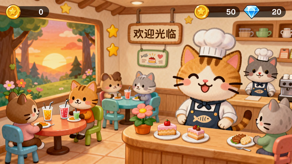���壺���������Ϸ�����棬һֻ����ʦñ��è���ڹ�̨��΢Ц��������С����˿������ڲ�ɫ�������òͣ�������ɭ����Ϧ�������֣�ǰ��Ϊ�����ڲ����о�Ϊæµ�Ķ����Ա��Զ��Ϊɭ�ֺ���ϼ���Ű棺��湹ͼ��UI����չʾ��Һ���ʯ�����������ڷ��ʻ�������װ�Σ������������ϵ�ֻ棬ɫ��������ů��������ͣ�ϸ�ڣ������е�������ϣ�ǽ�Ϲ��š���ӭ���١����ƣ�è��Χȹ�������ͼ�������ʣ����徫ϸ���ɾ��޶���Ԫ�ء�