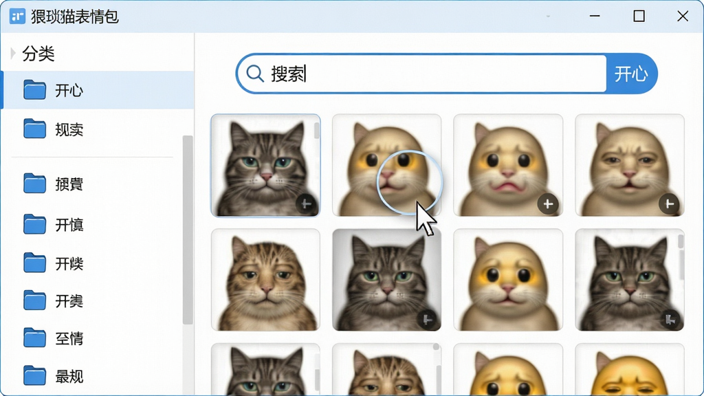 主体:电脑端“猥琐猫表情包”软件界面,左侧为分类列表,右侧为表情展示区,搜索框高亮显示“开心”关键词。布局:界面采用左右分栏结构,左侧分类栏有多个文件夹图标,右侧表情区以瀑布流展示相关表情。排版:搜索框置于顶部居中,下方为表情瀑布流,每张表情大小一致,整齐排列。风格:简洁商务风格,主色调为白色与蓝色,界面干净利落。细节:鼠标光标悬停在一张表情上,弹出放大预览气泡,搜索框有放大镜图标。画质:高清,干净,无多余元素。