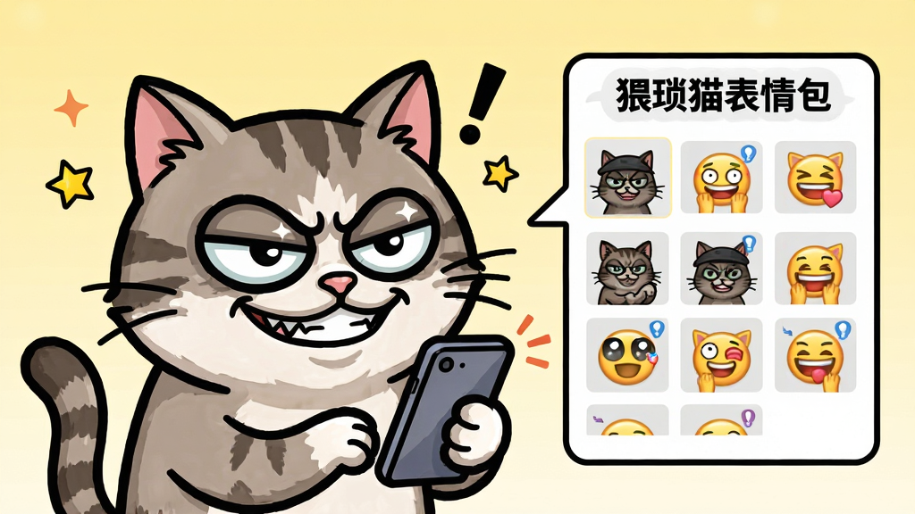 主体:“猥琐猫表情包”的卡通形象,一只眼神猥琐、嘴角上扬、表情夸张的猫咪,正拿着手机发送表情。布局:画面中央偏左放置猫咪主体,右侧留出对话框区域,对话框内显示“猥琐猫表情包”字样和几个搞笑表情缩略图。排版:简洁清晰,主体突出,表情缩略图以网格排列,营造下载站页面预览图风格。风格:扁平化卡通插画风格,色彩明快,对比度高,背景为淡黄色渐变色。细节:猫咪毛发纹理清晰,眼睛高光明显,表情丰富,周围点缀星星和感叹号。画质:高清,干净,无多余元素。