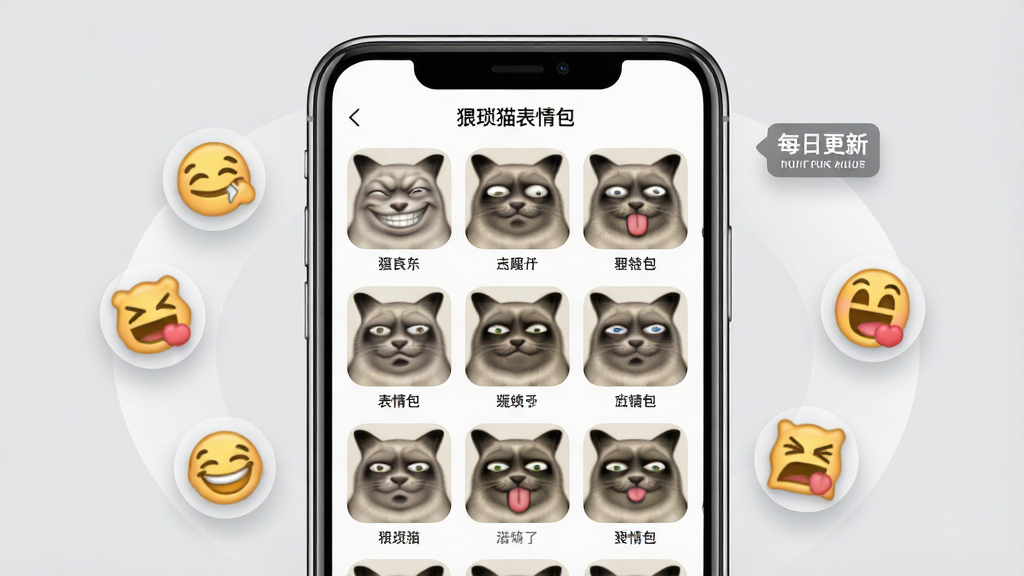 主体:手机屏幕展示“猥琐猫表情包”应用界面,界面中网格排列多个猥琐猫表情缩略图,如坏笑、翻白眼、吐舌头等。布局:手机位于画面中央,屏幕内容清晰可见,周围有浮动的表情图标和“每日更新”标签。排版:界面采用九宫格布局,每个表情缩略图下方标注简短名称。风格:现代扁平化UI风格,背景为浅灰色,界面简洁清爽。细节:手机边框高光,屏幕反射微弱光泽,表情缩略图边缘圆角处理。画质:高清,干净,无多余元素。