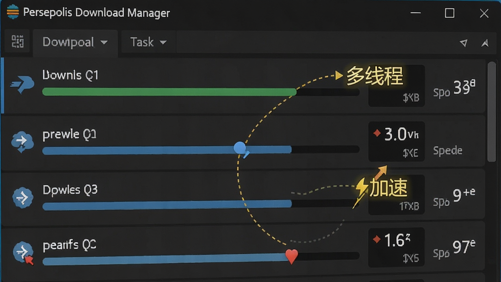 ���壺Persepolis Download Manager����������д����ʾ�����������ͬʱ���С����֣������б�ռ�����壬ÿ�������ж����Ľ��������ٶ���ʾ���Ű棺�б���������Ϣ��η��������дʵ��ͼ���ϸ�ڷḻ��ϸ�ڣ�������ʾ�����̡߳��򡰼��١�����������Ϊ��ɫϵ�����ʣ��������ȣ��ɾ����޶���Ԫ�ء�
