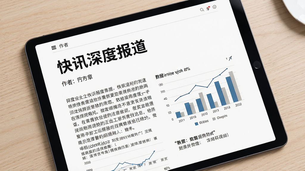 主体:快讯深度报道文章页面,显示长文排版,配有数据图表。布局:平板电脑横屏展示,背景为浅色木纹桌。排版:标题大号加粗,正文行距舒适,图表插入文中。风格:商务简约,专业感。细节:文章作者信息可见,引用标注清晰。画质:高清,干净,无多余元素。
