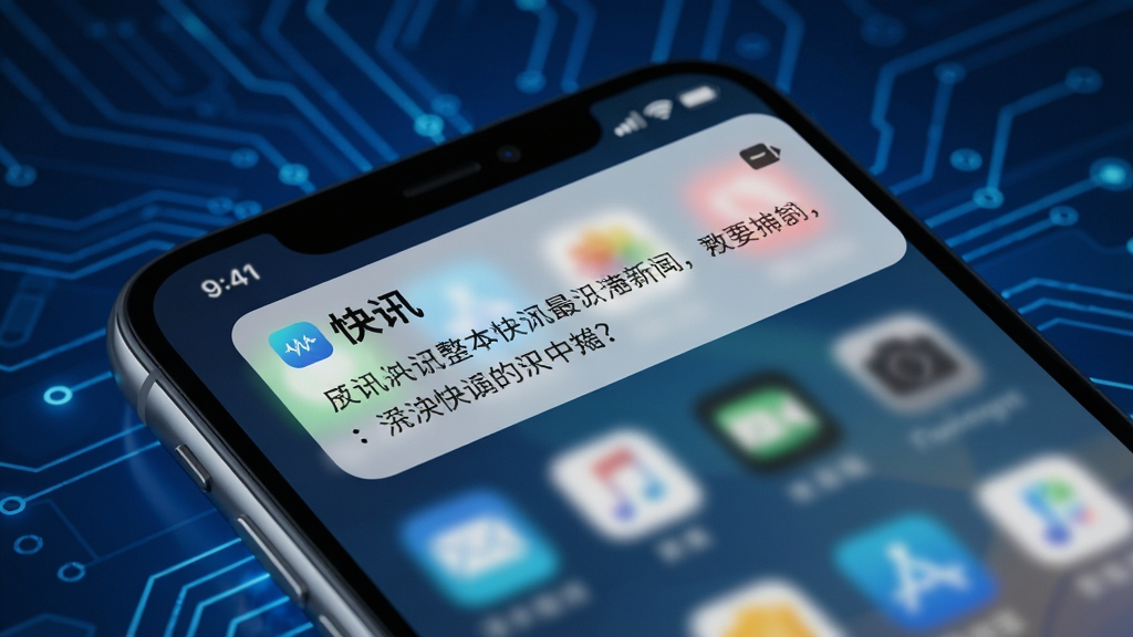 主体:手机屏幕弹出快讯推送通知,显示“快讯”字样和新闻摘要。布局:手机斜放,背景为深蓝科技感光效。排版:通知卡片位于屏幕上方,下方模糊显示其他应用。风格:科技感,光影效果。细节:通知栏图标清晰,文字可读。画质:高清,干净,无多余元素。