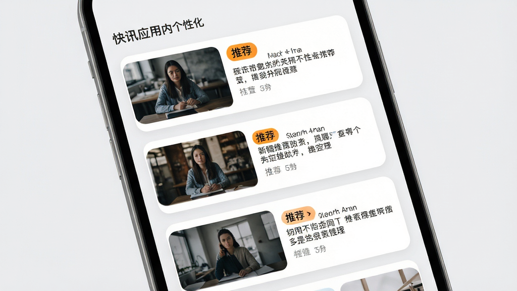 主体:快讯应用内个性化推荐界面,展示多个新闻卡片,带有“推荐”标签。布局:手机全屏,背景为浅灰色,卡片瀑布流排列。排版:新闻图片左文右图,间距均匀。风格:简洁清晰,留白充足。细节:推荐标签高亮,卡片圆角设计。画质:高清,干净,无多余元素。