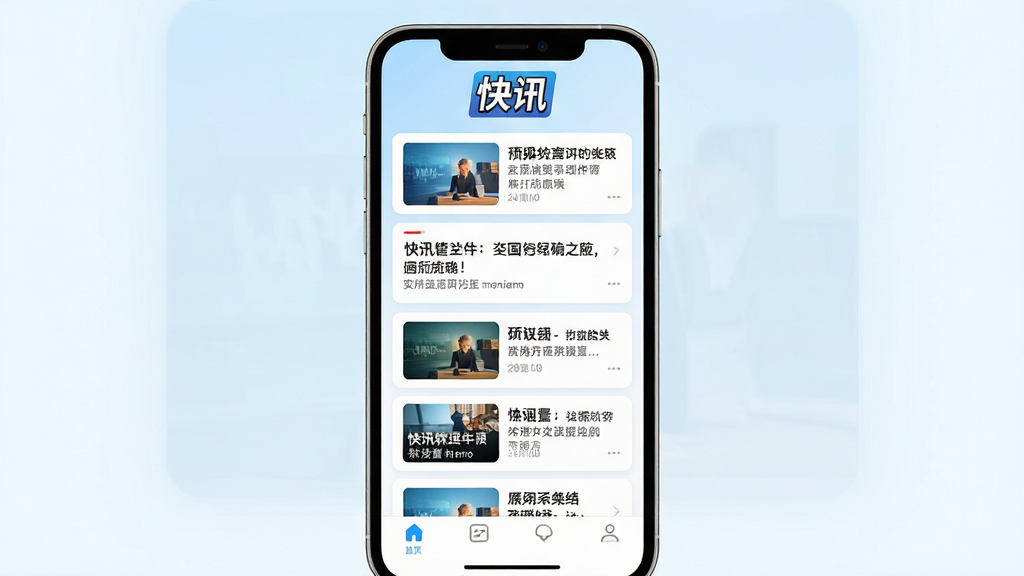 主体:快讯软件主界面展示,手机屏幕显示新闻列表,顶部有“快讯”logo。布局:手机居中,背景为淡蓝色渐变,四周留白。排版:手机屏幕内新闻卡片排列整齐,文字清晰。风格:现代扁平化,色彩明亮。细节:新闻缩略图清晰,标题醒目,底部有导航栏。画质:高清渲染,干净,无多余元素。
