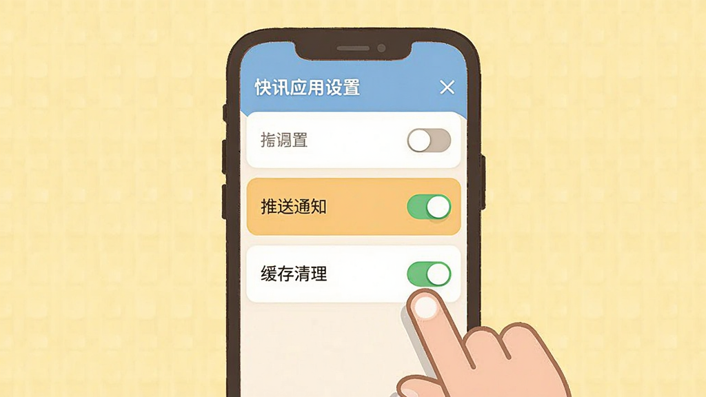 主体:手机屏幕显示快讯应用设置页面,突出“推送通知”和“缓存清理”选项。布局:手机竖屏居中,背景为浅黄色。排版:设置列表清晰,开关控件明显。风格:卡通扁平,温馨色调。细节:手指点击开关动作。画质:高清,干净,无多余元素。