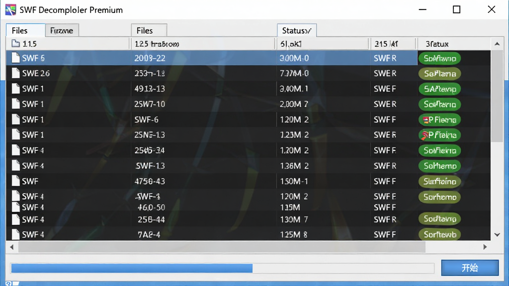 ����ΪSWF Decompiler Premium�������������ڣ��ļ��б��������ж��SWF���ƣ��ײ��н������롰��ʼ����ť�����ֹ��������Ϊ��ˬ����ϸ�ڰ����ļ���С��״̬��ǩ�����ʸɾ��޶���Ԫ��