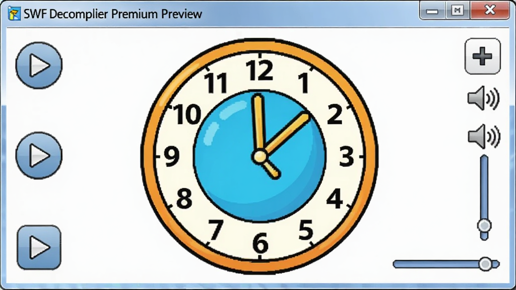 ����ΪSWF Decompiler Premium��Ԥ�����ڣ���ʾһ����̬�Ŀ�ͨʱ�Ӷ�������Χ�в��ſ��ư�ť�����Ź��ߣ����ּ����������Ϊ���¿�ͨ��ϸ�ڰ���֡�������������ڣ����ʸɾ��޶���Ԫ��