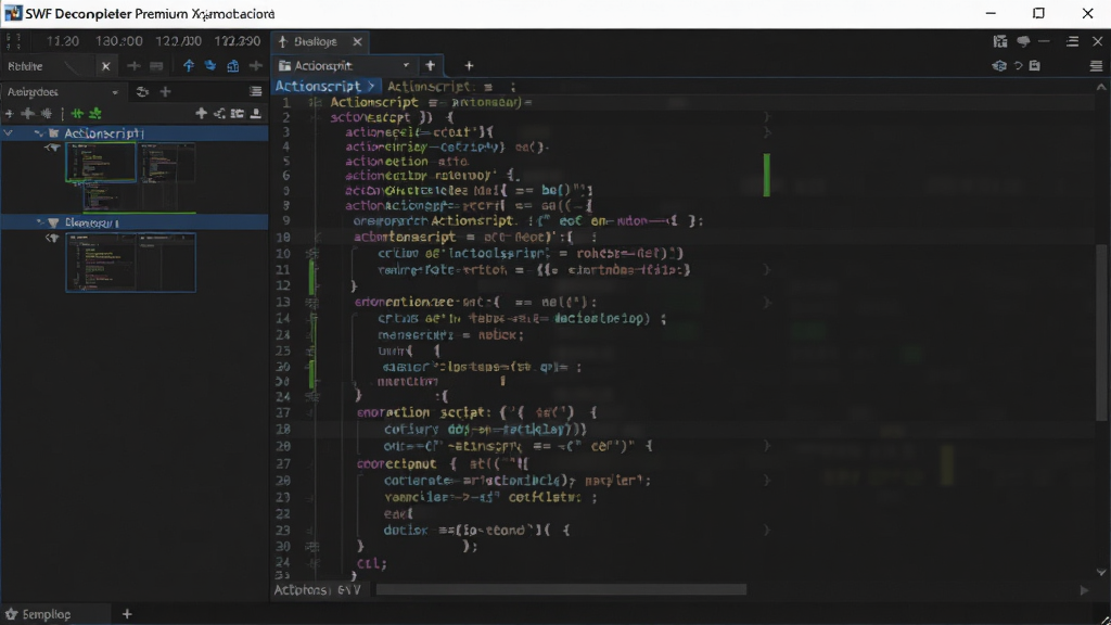 ����ΪSWF Decompiler Premium�ķ�������̽��棬����༭����ʾActionScript�ű�������Ϊ��ɫ�������⣬�����ͼ��ʱ��������ͼ������רҵ�����Ϊ����Ƽ��磬ϸ�ڰ����﷨�������кţ����ʸɾ��޶���Ԫ��
