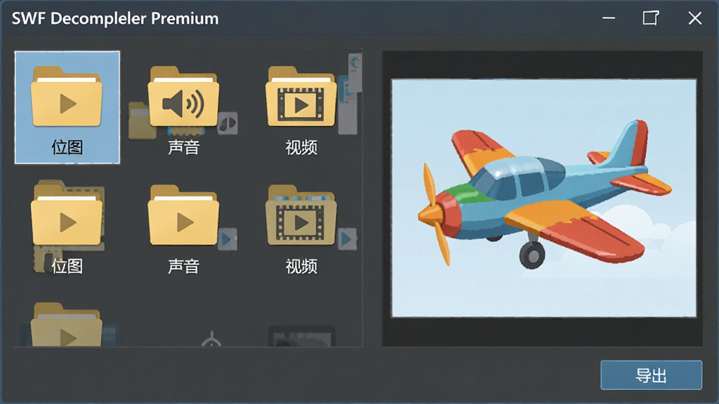 ����ΪSWF Decompiler Premium����Դ��ȡ��壬������ʾ����ļ���ͼ��ֱ��ע��λͼ��������������Ƶ���ȣ��Ҳ�Ԥ����չʾһֻ��ɫС�ɻ�ͼ�Σ����ּ�����������Ϊ�����ƽ��ϸ�ڰ�������ѡ��״̬�뵼����ť�����ʸɾ��޶���Ԫ��