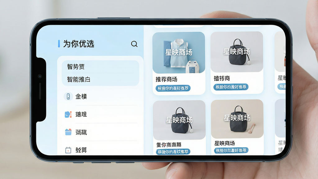 ���壺�ֻ���Ļչʾ��ӳ�̳�APP�������Ƽ�ҳ�棬������ʾ��Ϊ����ѡ����Ŀ�����֣����Ϊ��Ʒ�����б����Ҳ�Ϊ�Ƽ���Ʒ��Ƭ�����Ű棺��Ϣ������˫���ٲ�ʽ���У���ƬԲ����ƣ�������������񣺸ɾ������ı�ƽ�������ɫ��Ϊǳ�����ɫ��ϸ�ڣ���ƷͼƬ���С���ӳ�̳���ˮӡ���Ƽ����ɱ�ǩ�硰�������ϲ���Ƽ��������ʣ�����ϸ�壬����ͨ͸���޶���Ԫ�ء�