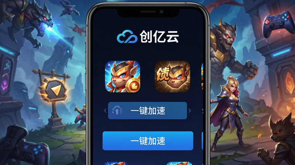 一张高清的手机界面截图,展示“创亿云”主界面,背景是炫酷的游戏风格,界面顶部有“创亿云”品牌logo,中间列出几款热门手游的图标和“一键加速”按钮,整体布局简洁,色彩鲜明,画质干净,无多余元素
