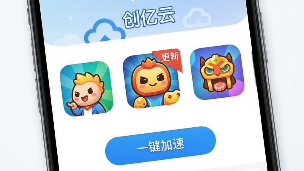 手机界面展示“创亿云”的游戏管理功能,屏幕上整齐排列着多个彩色游戏图标,其中一款游戏图标带有“更新”角标,界面底部有“一键加速”按钮,背景简洁明亮,突出图标,画质干净,无多余元素