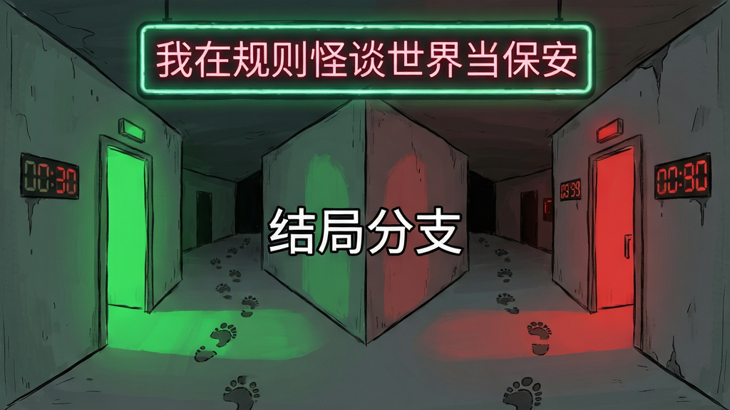 多结局选择界面预览,背景为分岔的走廊,左右两侧分别亮着绿色与红色的灯光,中间显示“结局分支”字样,整体布局对称,风格手绘插画风,细节包括地上的脚印与墙上的倒计时,文字“我在规则怪谈世界当保安”以霓虹灯牌形式置于顶部,画质干净,无多余元素