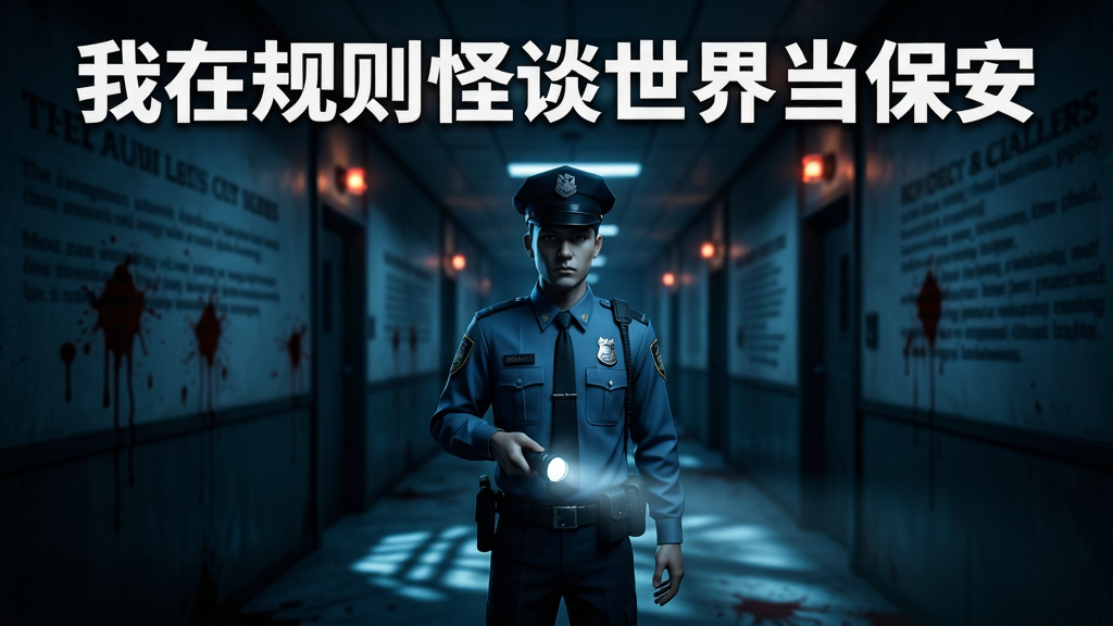 画面中央展示游戏主界面,一名身穿保安制服的主角手持手电筒站在阴森走廊中,背景是模糊的规则条文墙面,地面有诡异光影,整体采用暗色调与冷蓝色调,游戏LOGO“我在规则怪谈世界当保安”以白色粗体置于画面上方,布局居中,风格写实且带有电影感,细节包括墙上的血迹与闪烁灯光,画质高清干净,无多余元素