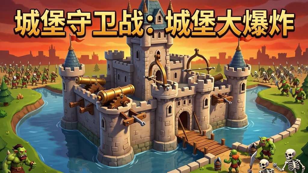 一座宏伟的欧洲中世纪城堡矗立在画面中央,城堡外环绕着蜿蜒的护城河与木制吊桥,城堡塔楼上架设着多门青铜大炮和弧形弓弩台,远处天际线泛着橙红色的晚霞,大量半兽人、骷髅士兵从地平线涌来,城堡上方弹出醒目的金色标题文字“城堡守卫战:城堡大爆炸”,游戏UI风格明亮卡通,画面清晰干净,细节丰富,高质量游戏宣传图,横版构图,无多余元素。