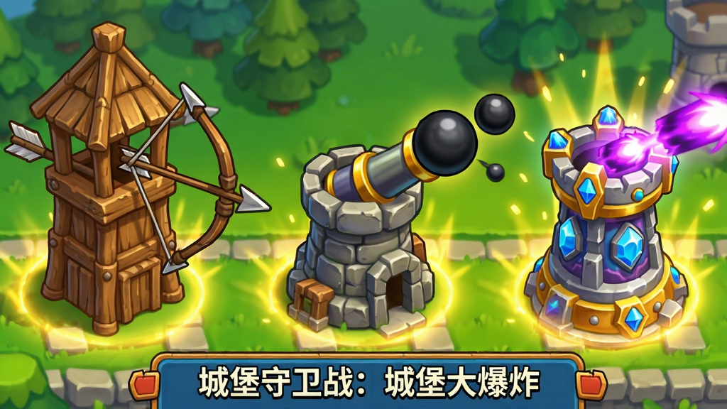 游戏画面中展示一排不同风格的防御塔,左侧是木质箭塔正连续射出箭矢,中间是石制炮塔正发射黑色炮弹,右侧是镶嵌蓝宝石的魔法塔发出紫色光弹,塔身周围有升级时的金色光效,底部有“城堡守卫战:城堡大爆炸”的UI菜单栏,卡通渲染风格,色彩明亮鲜艳,细节丰富,游戏截图风格,干净无文字水印。