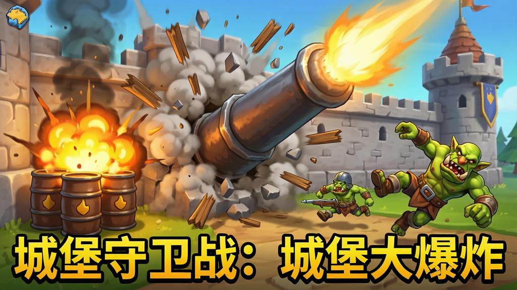 城堡城墙被一颗巨大炮弹击中,碎石和木屑飞溅,烟雾弥漫,旁边的油桶被引燃产生爆炸火焰,几个兽人步兵被冲击波掀飞,画面底部有“城堡守卫战:城堡大爆炸”的黄色艺术字,整体风格夸张卡通,色彩浓郁,动态感强,高清画质,游戏场景截图。