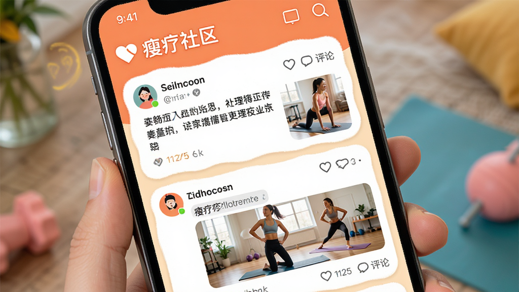 主体:瘦疗App社区讨论界面。布局:手机屏幕显示用户动态卡片,包含文字与健身照片。排版:顶部有“瘦疗社区”标题,下方为瀑布流帖子。风格:温暖活泼,社区氛围浓厚。细节:头像、点赞、评论图标清晰,文字内容积极向上。画质:高清界面截图风格,色彩鲜艳。
