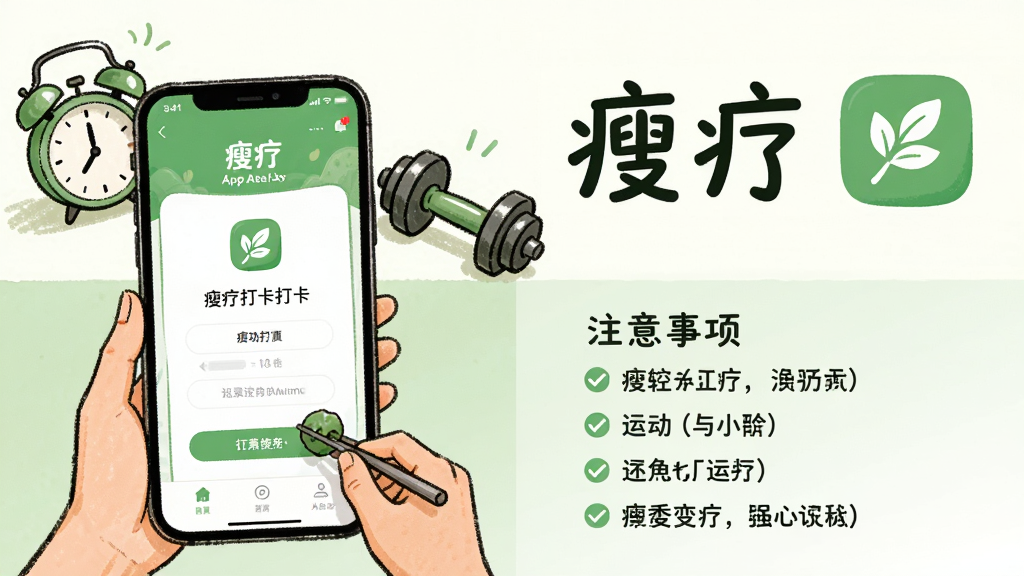 主体:瘦疗App使用场景,用户正在记录饮食与运动。布局:左侧为手机界面,右侧为文字“瘦疗”及图标。排版:上下分层,上方为操作示意,下方为注意事项列表。风格:清新手绘插画风格,绿色调。细节:手机屏幕显示“瘦疗”打卡成功界面,背景有闹钟和哑铃。画质:干净明亮,无杂乱元素。