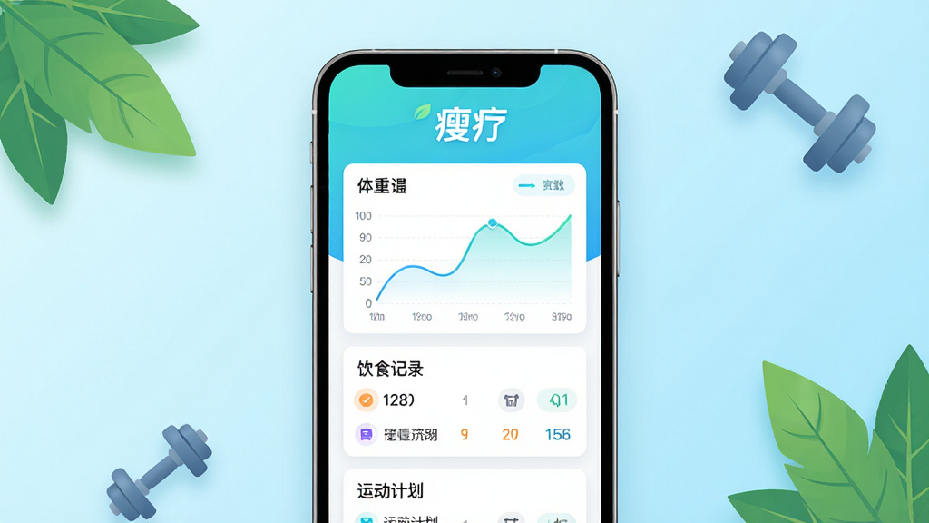 主体:瘦疗App的界面展示,手机屏幕上有“瘦疗”字样和健康数据图表。布局:手机居中,背景为清新的浅蓝色渐变,周围点缀绿叶和哑铃图标。排版:界面清晰显示体重曲线、饮食记录卡片、运动计划列表。风格:现代扁平化,色彩明快,健康活力。细节:高亮显示“瘦疗”logo,数据图表线条流畅,整体干净无多余元素。画质:高清细腻,光线柔和,专业产品渲染。