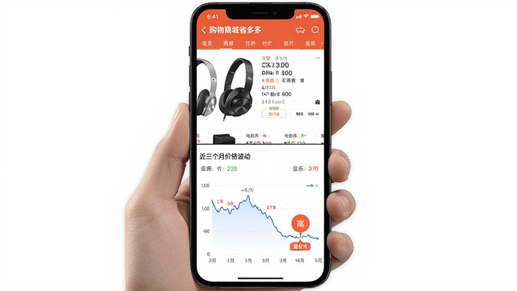 画面主体为“购物商城省多多”APP的比价功能预览,屏幕一分为二,上半部分显示一款耳机的电商详情页,下半部分展示近三个月的价格波动折线图,高亮标出最低点。手机持握在手中,背景为纯白色,风格简洁专业,图表数据清晰可见,体现比价功能的直观和智能,画质干净,无多余元素。