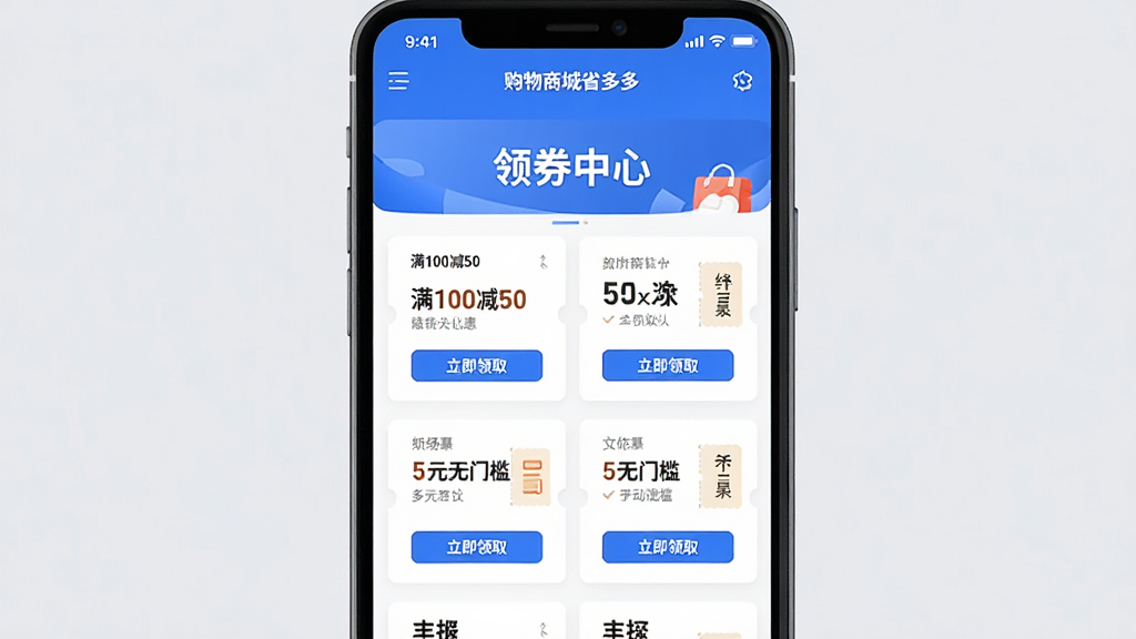 画面主体是“购物商城省多多”APP的优惠券中心界面,界面以清爽的蓝白配色为主,顶部横幅写着“领券中心”,下方排列着多张面额不等的优惠券卡片,如“满100减50”、“5元无门槛”,每张卡片上带有“立即领取”按钮。手机界面占画面中央,背景为淡灰色,以简洁扁平化风格展示,强调优惠券的丰富和易用,细节清晰,画质干净,无多余元素。