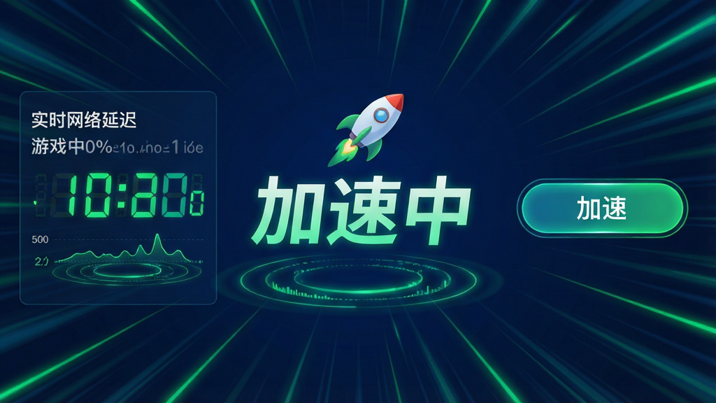 主体:游戏加速功能界面,背景为动感速度线条,中央显示“加速中”字样,有火箭图标。布局:左右对称,左侧为实时网络延迟数据,右侧为加速按钮。排版:数据用大号数字显示,突出“游戏中心”加速效果。风格:科技感,深蓝色背景配亮绿线条。细节:网络延迟数字跳动,有数据波纹,画面干净无多余元素。画质:高清,干净无多余元素。