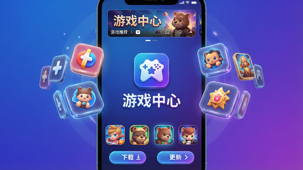 主体:游戏中心主界面展示,背景为现代科技感渐变蓝紫色,中央悬浮着游戏中心logo与“游戏中心”字样,周围环绕游戏图标卡片。布局:居中对称,界面模拟手机屏幕,上方显示游戏推荐横幅,下方整齐排列各游戏入口。排版:简洁清晰,突出“游戏中心”品牌,图标圆润。风格:高清3D渲染,光影细腻,色彩鲜艳。细节:游戏卡片边缘发光,底部有“下载”“更新”按钮,画面干净无多余元素。画质:4K超清,干净无多余元素。