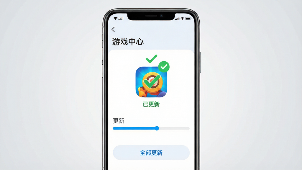主体:手机屏幕显示游戏中心更新界面,一个游戏图标上方有绿色对勾,提示“已更新”,背景为浅灰色渐变。布局:手机居中,屏幕内展示“游戏中心”更新列表,下方有“全部更新”按钮。排版:直观清晰,更新进度条以蓝色显示。风格:扁平化设计,亮色调,简洁明快。细节:状态栏显示Wi-Fi图标,电量充足,画面干净无多余元素。画质:高清,干净无多余元素。