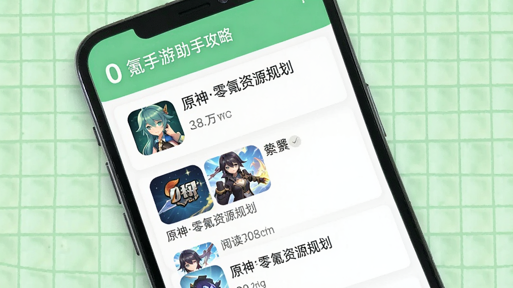 手机屏幕展示“0氪手游助手”的攻略列表页面,列表项包含游戏图标与标题如“原神零氪资源规划”,下方有缩略图与阅读量数字,背景为淡绿色网格纹理,整体排版清晰有序,风格简洁明快,画质干净,无多余元素