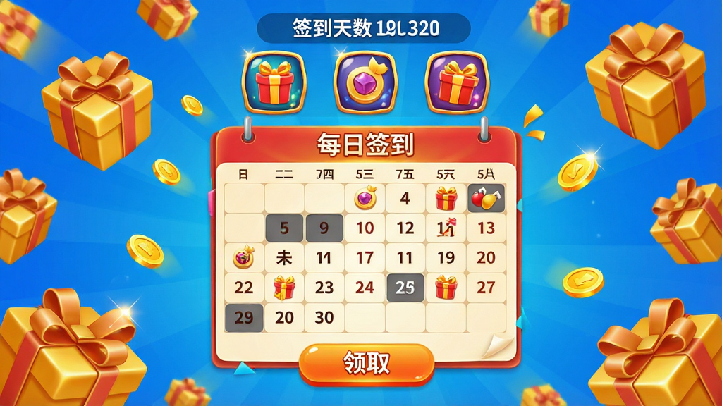 主体:游戏中心福利中心界面,背景为金黄色礼盒散落,中央有“每日签到”日历表。布局:居中,上方显示签到天数与奖励图标,下方有“领取”按钮。排版:日历表清晰标注已签与未签日期,奖励图标精美。风格:喜庆活泼,色彩明亮。细节:礼盒有丝带,金币闪烁,画面干净无多余元素。画质:超清,干净无多余元素。