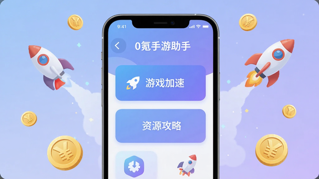 画面中央展示一款名为“0氪手游助手”的智能手机应用界面,手机屏幕清晰显示“游戏加速”“资源攻略”等中文功能按钮,背景为柔和的蓝紫色渐变,周围环绕着飞行中的小火箭与金币图标,整体风格扁平化现代感,光线明亮,画质细腻干净,无多余元素