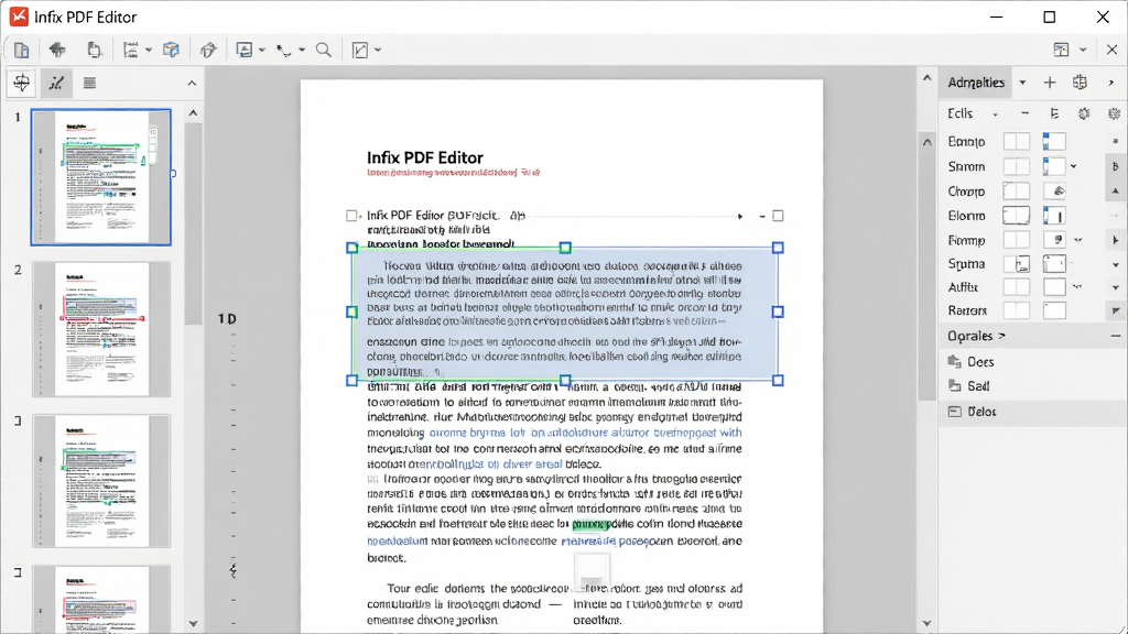 一幅展示Infix PDF Editor主界面的高清截图,左侧为页面缩略图栏,中间显示正在编辑的PDF文档内容,文字上方有高亮编辑框,右侧为属性工具栏,整体界面简洁明亮,软件名称“Infix PDF Editor”清晰显示在窗口标题栏,风格专业现代,画质干净,无多余元素
