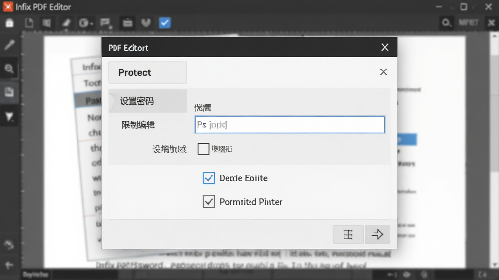 一个设置密码对话框的特写,在Infix PDF Editor中打开“保护”菜单,显示“设置密码”和“限制编辑”选项,界面有密码输入框和权限勾选框,背景为模糊的文档内容,软件名称“Infix PDF Editor”出现在对话框标题栏,风格严谨专业,画质干净,无多余元素