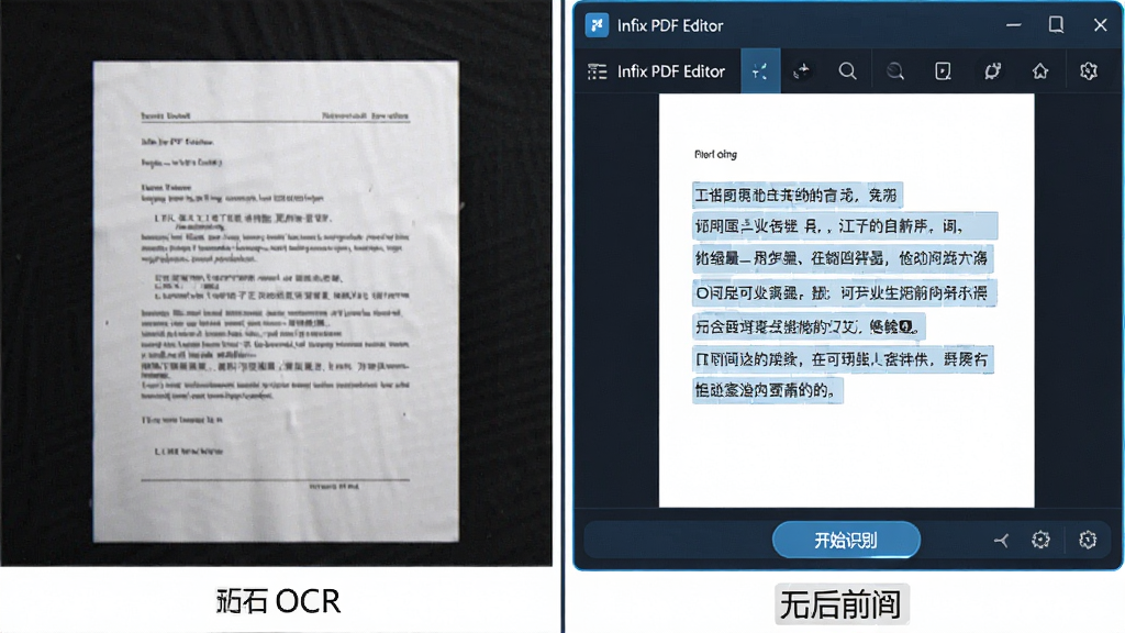 展示OCR功能应用前后的对比图,左侧为扫描的纸质文档图片,右侧为Infix PDF Editor中识别出的可编辑文本,识别出的文字带有浅蓝色背景框,界面下方有“开始识别”按钮,软件名称“Infix PDF Editor”清晰可见,风格科技感十足,布局对比鲜明,画质清晰干净