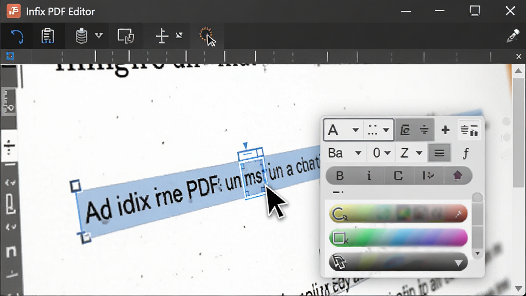 一张特写图片,显示鼠标光标正在Infix PDF Editor中选中一段文字,并弹出字体、字号、颜色等格式设置浮动工具栏,被选中的文字高亮显示,背景为清晰的PDF文档页面,画面聚焦于文字编辑操作,软件名称“Infix PDF Editor”出现在界面顶部,风格写实,画质细腻,干净无多余元素