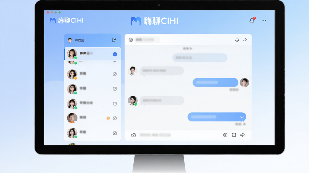 主视觉展示嗨聊CIHI在电脑屏幕上的社交聊天界面,左侧为好友列表,右侧为对话窗口,背景采用柔和的蓝白渐变,界面上方显示“嗨聊CIHI”品牌标识,整体风格现代简洁,扁平化设计,高清画质,干净无多余元素。