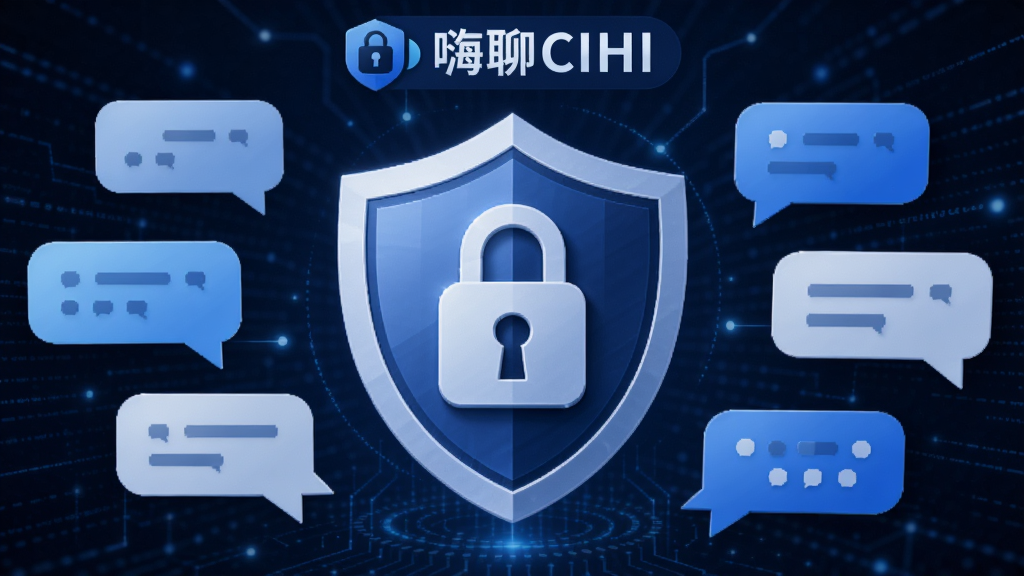 嗨聊CIHI安全加密功能概念图,画面中央为盾牌图标与锁形符号,周围环绕聊天气泡,背景深蓝色科技纹理,标注“嗨聊CIHI”安全标识,构图居中,风格稳重,画质高清。