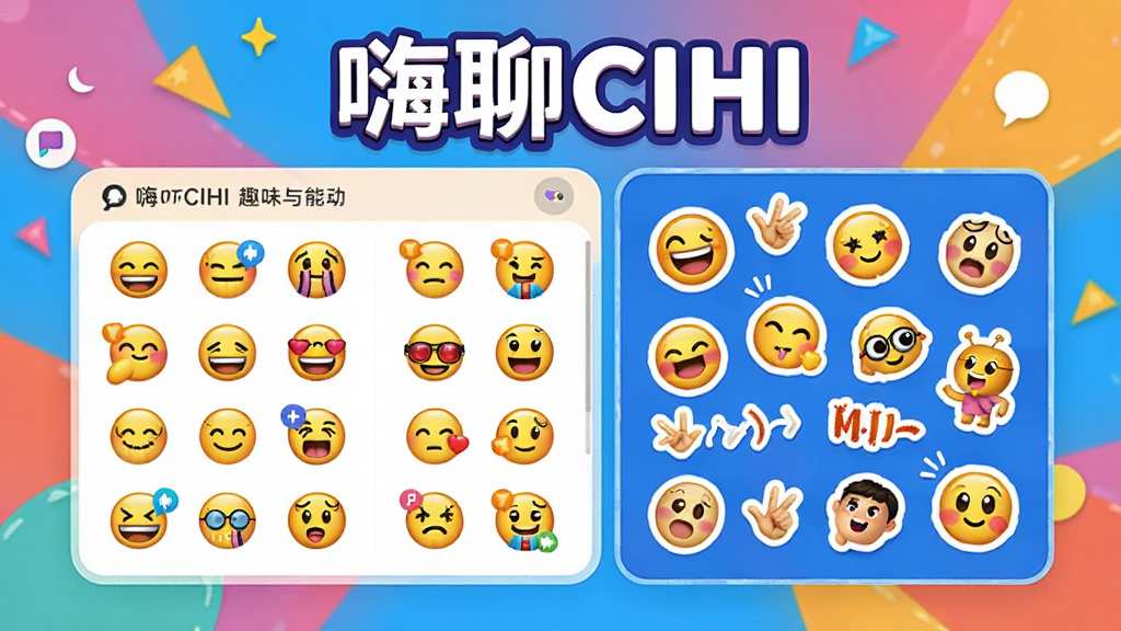 嗨聊CIHI趣味表情与互动功能展示,画面展示丰富的表情包面板和动态贴纸,背景色彩鲜艳活泼,有“嗨聊CIHI”字样,界面友好,细节丰富,画质干净。