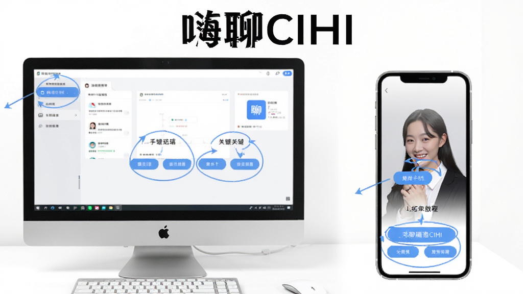 嗨聊CIHI使用教程截图,电脑端操作界面与手机端对比展示,标出关键按钮位置,风格清晰明了,画质干净,带“嗨聊CIHI”文字说明。