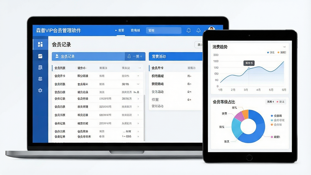 一张现代简约风格的主视觉图,主体是“森普VIP会员管理软件”在笔记本电脑与平板电脑上的界面展示,布局为左右分屏,左侧清晰显示会员列表与储值记录,右侧是消费趋势折线图与会员等级占比饼图,整体排版干净清爽,采用蓝白主色调,界面细节包含“会员开卡”“积分商城”“营销活动”等中文标签,画质高清,无多余元素