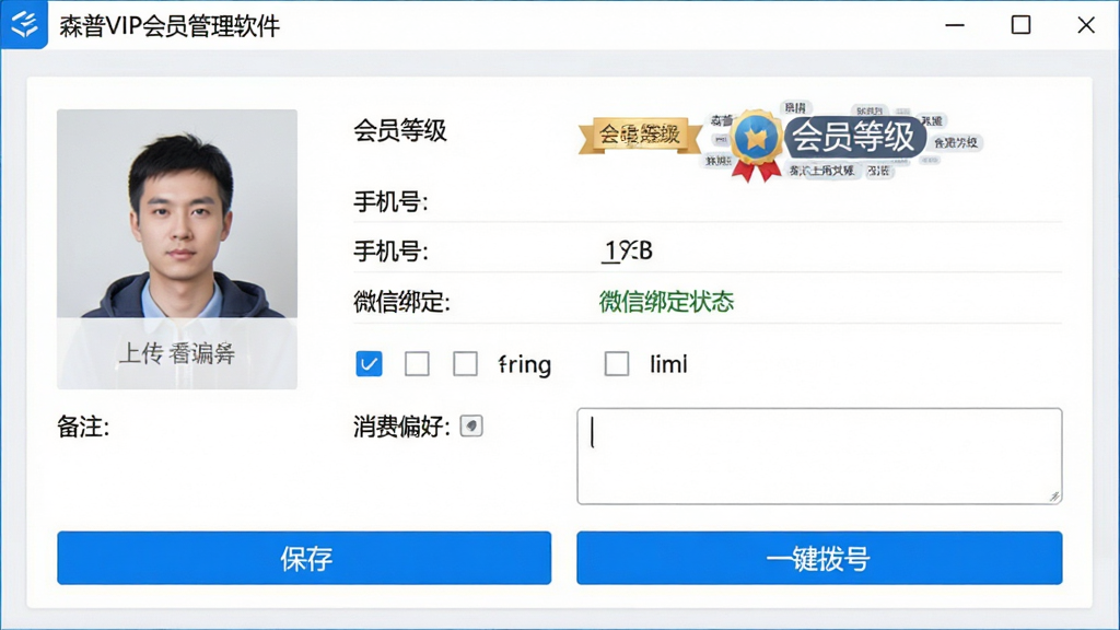 一张界面截图风格的高清图像,主体为“森普VIP会员管理软件”的会员详情编辑页面,布局为表单样式,包含头像上传区域、会员等级徽章、手机号、微信绑定状态、消费偏好勾选栏以及备注文本框,整体排版规整,蓝色按键突出“保存”与“一键拨号”,风格偏商务简洁,细节展示标签云,画质干净,无多余元素