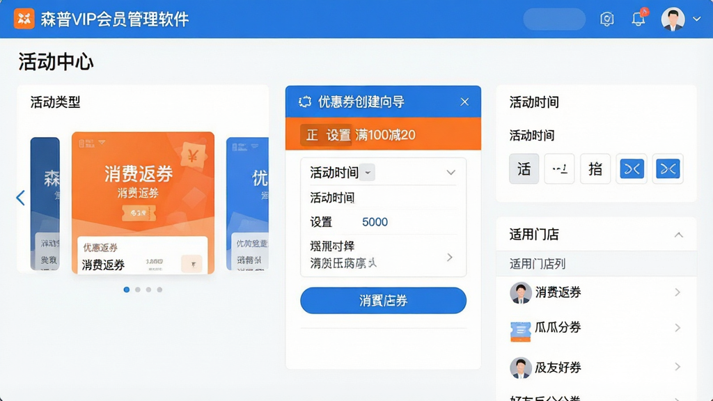 一张营销活动后台配置界面的高清图像,主体是“森普VIP会员管理软件”的营销中心,布局包含活动类型轮播图、优惠券创建向导(正在设置满100减20)、活动时间选择器以及适用门店列表,风格现代扁平化,主色调为活力橙色与蓝色,界面文字清晰展示“消费返券”“好友瓜分券”,排版结构清晰,画质锐利,无多余元素